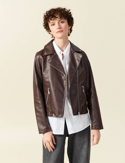 Blouson biker simili cuir marron femme