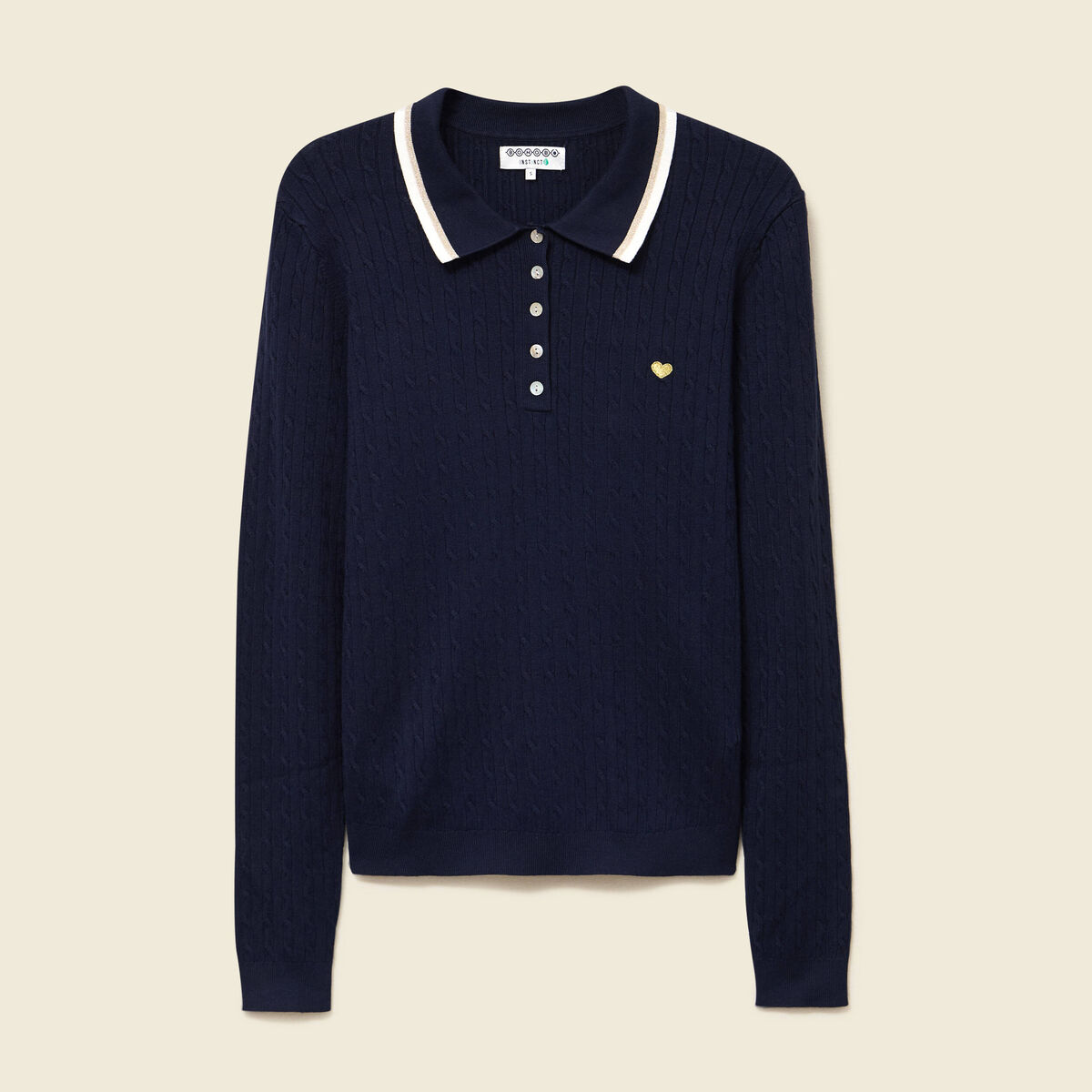 Polo avec torsade et c&oelig;ur brod&eacute; bleu marine femme
