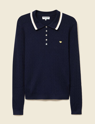 Polo avec torsade et c&oelig;ur brod&eacute; bleu marine femme