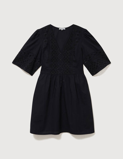 Robe courte &eacute;vas&eacute;e col v manches 3/4 noir femme