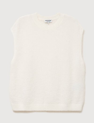 Pull droit court sans manches col rond ecru femme