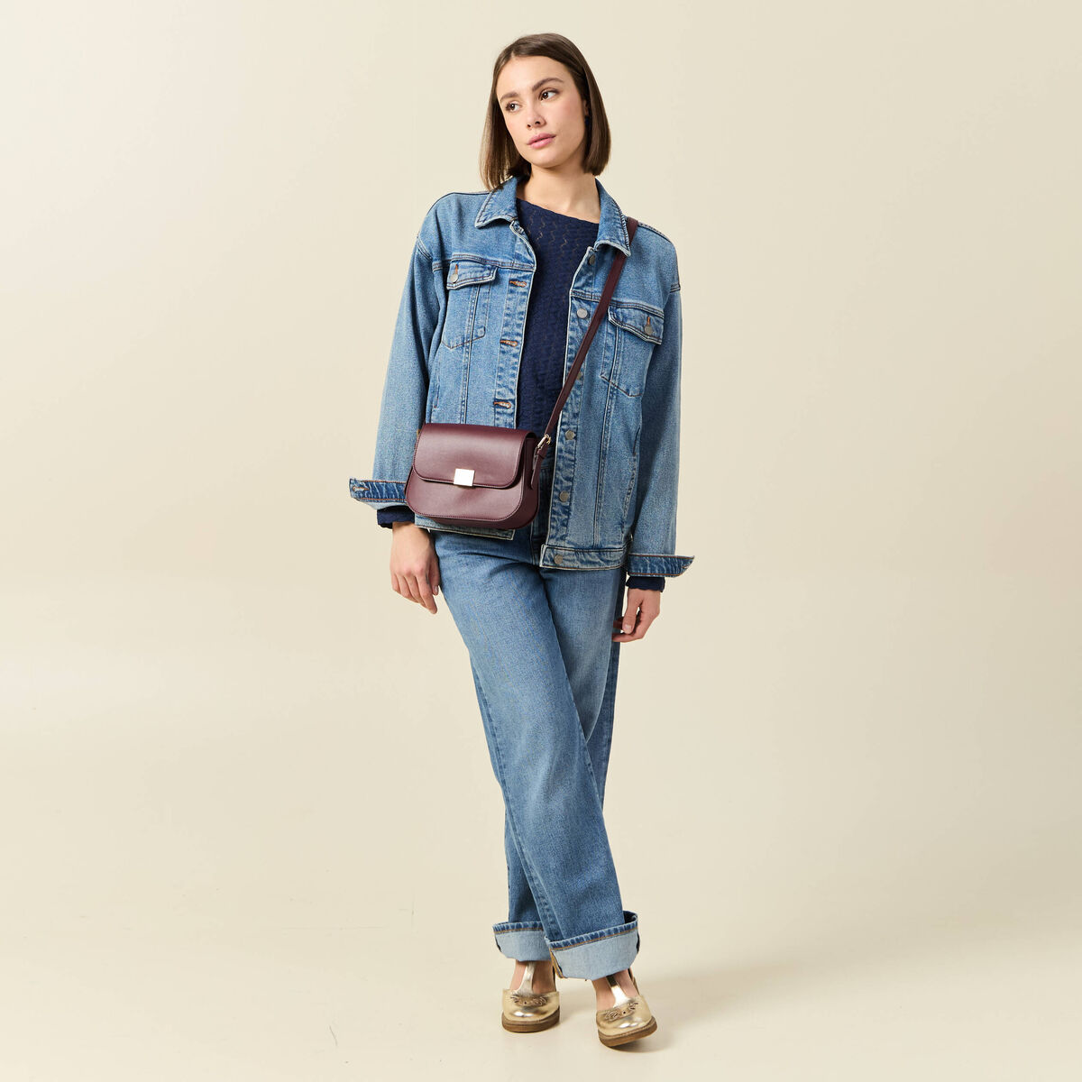 T-shirt manches longues ajouré bleu marine femme