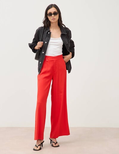 Pantalon large taille haute ceinture rouge femme