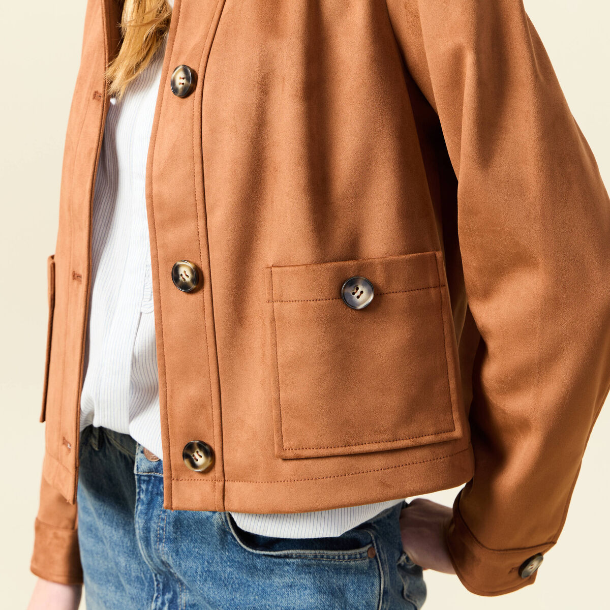 Veste manches longues col classique camel femme