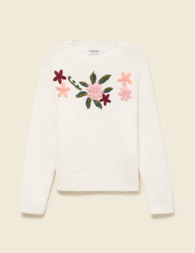 Pull col rond manches longues brod&eacute; ecru femme
