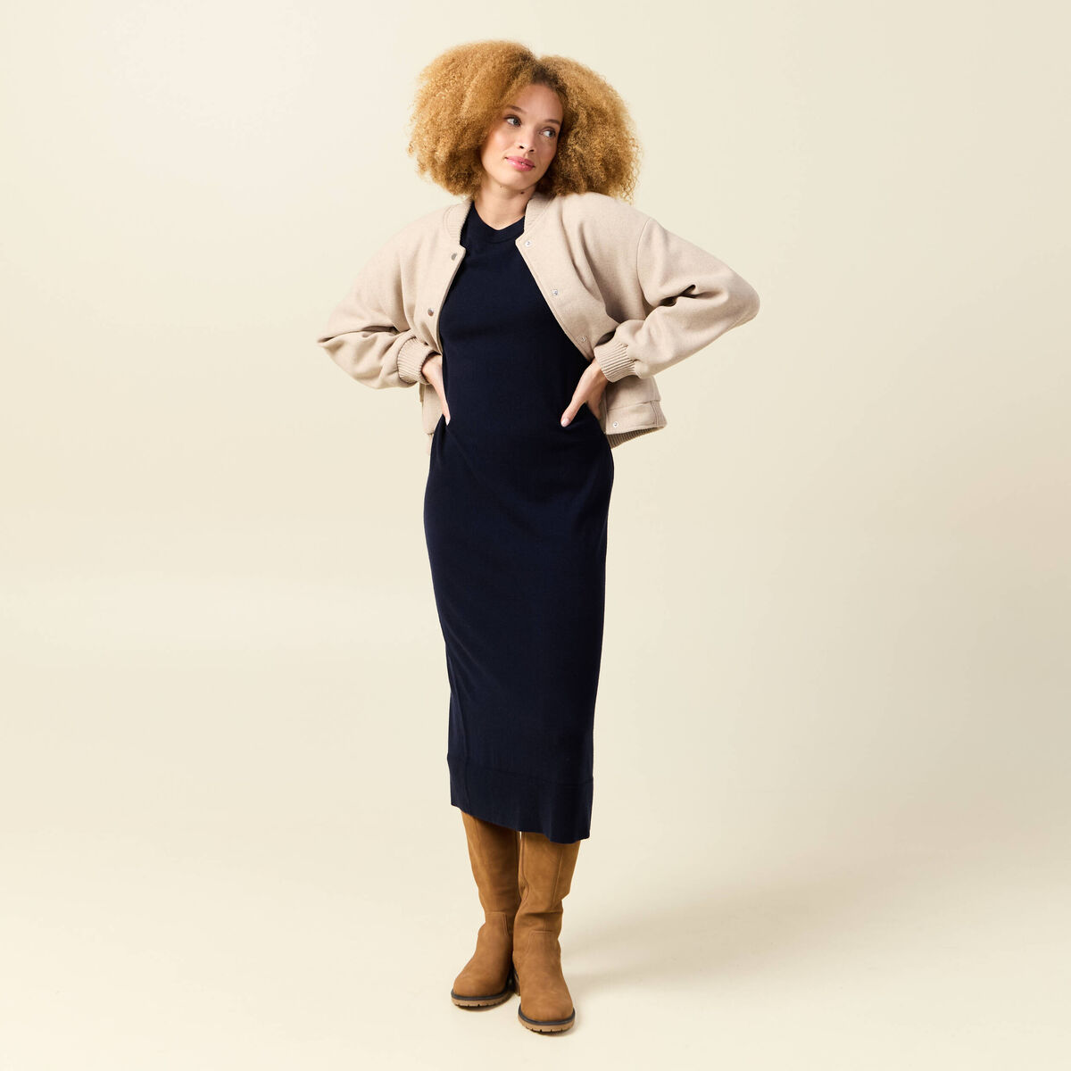 Robe manches longues bleu fonc&eacute; femme