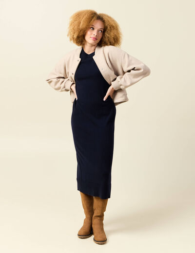 Robe manches longues bleu fonc&eacute; femme