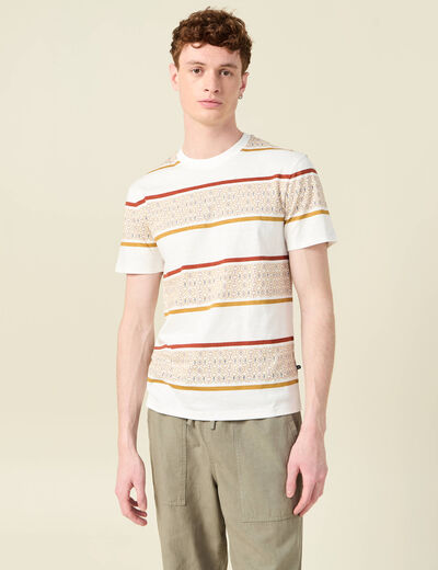 T-shirt ray&eacute; col rond manches courtes ecru homme