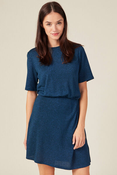 Robe moulante fils métallisés bleu canard femme