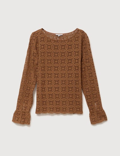 T-shirt manches longues en dentelle marron femme