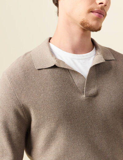 Pull droit col polo manches longues vert kaki homme
