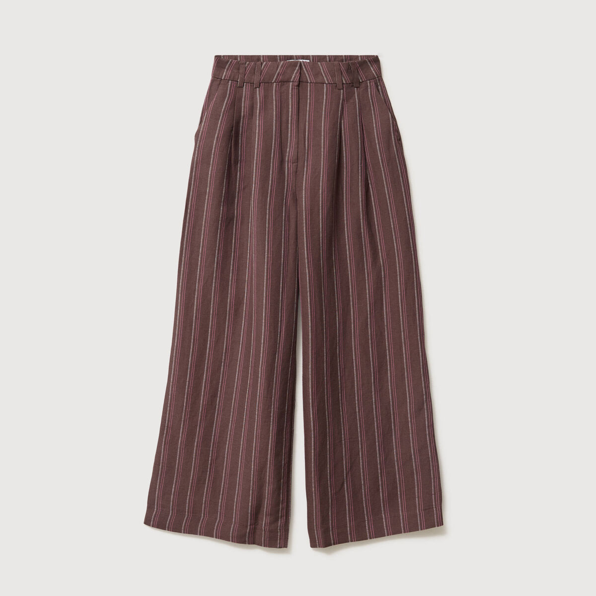 Pantalon large taille haute ray&eacute; marron chocolat femme