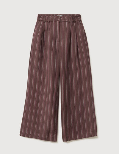 Pantalon large taille haute ray&eacute; marron chocolat femme