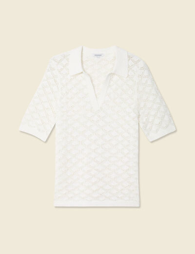 Pull manches courtes ajouré blanc femme