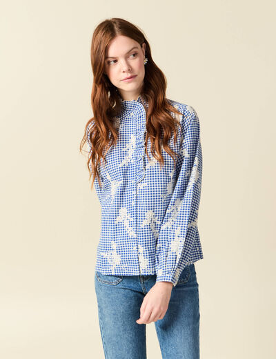 Chemise vichy manches longues en coton bleu marine femme