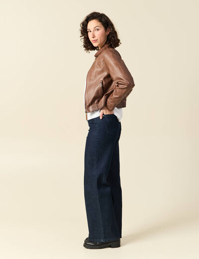 Bomber ajust&eacute; similicuir col tailleur marron femme