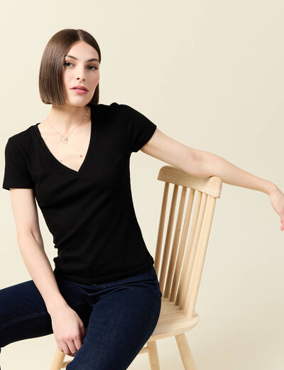 Short ajusté col V manches courtes noir femme