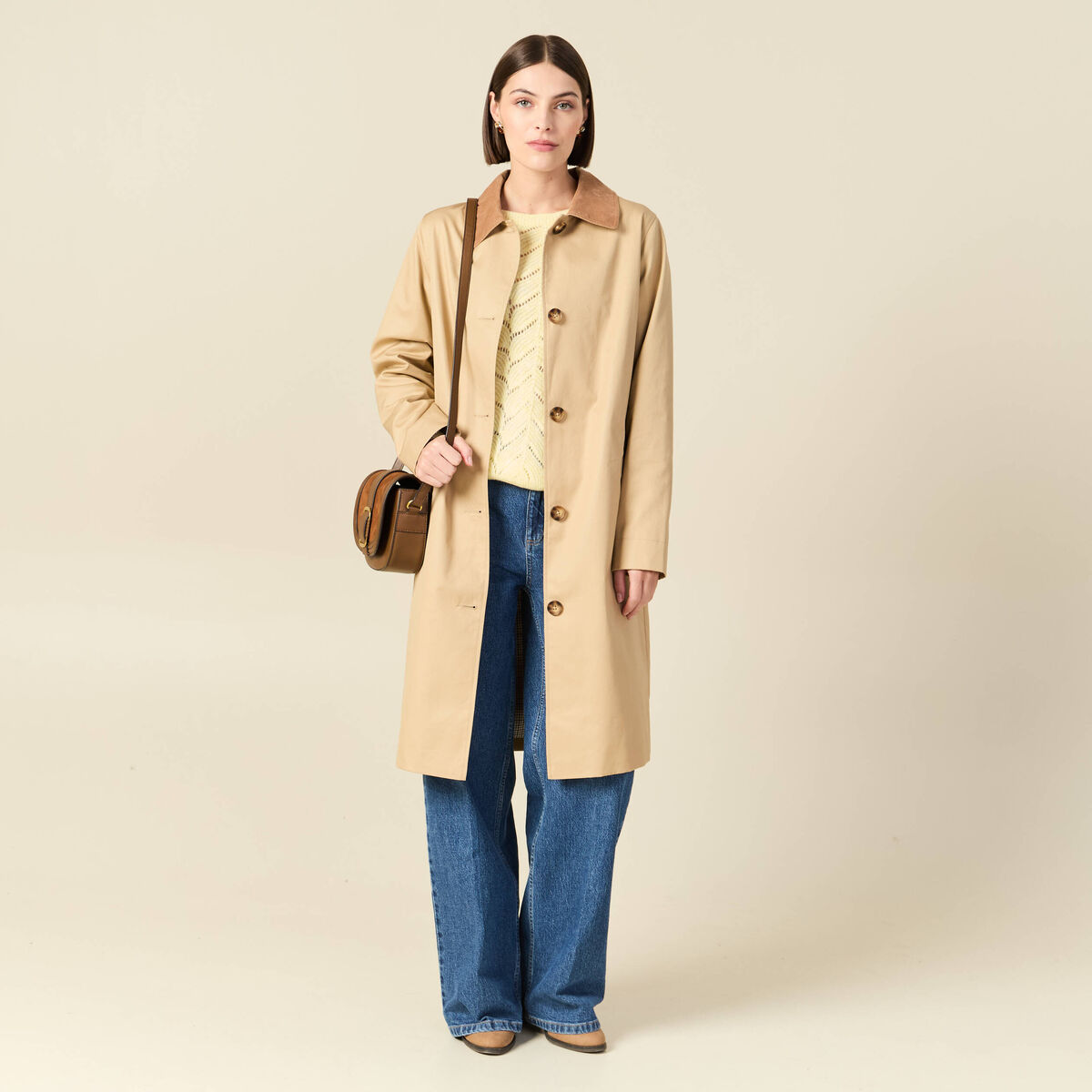 Imperm&eacute;able long droit col tailleur beige femme
