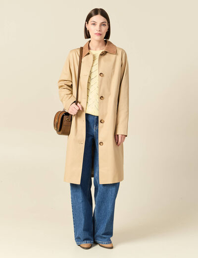 Imperm&eacute;able long droit col tailleur beige femme