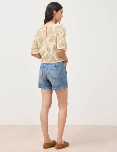 T-shirt brod&eacute; col rond manches 3/4 beige femme
