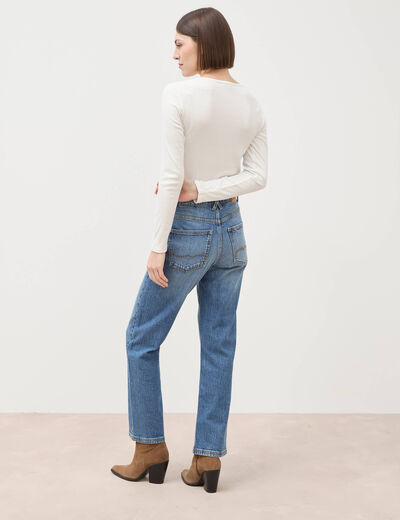 Jeans straight 7/8&egrave;me taille haute denim stone femme