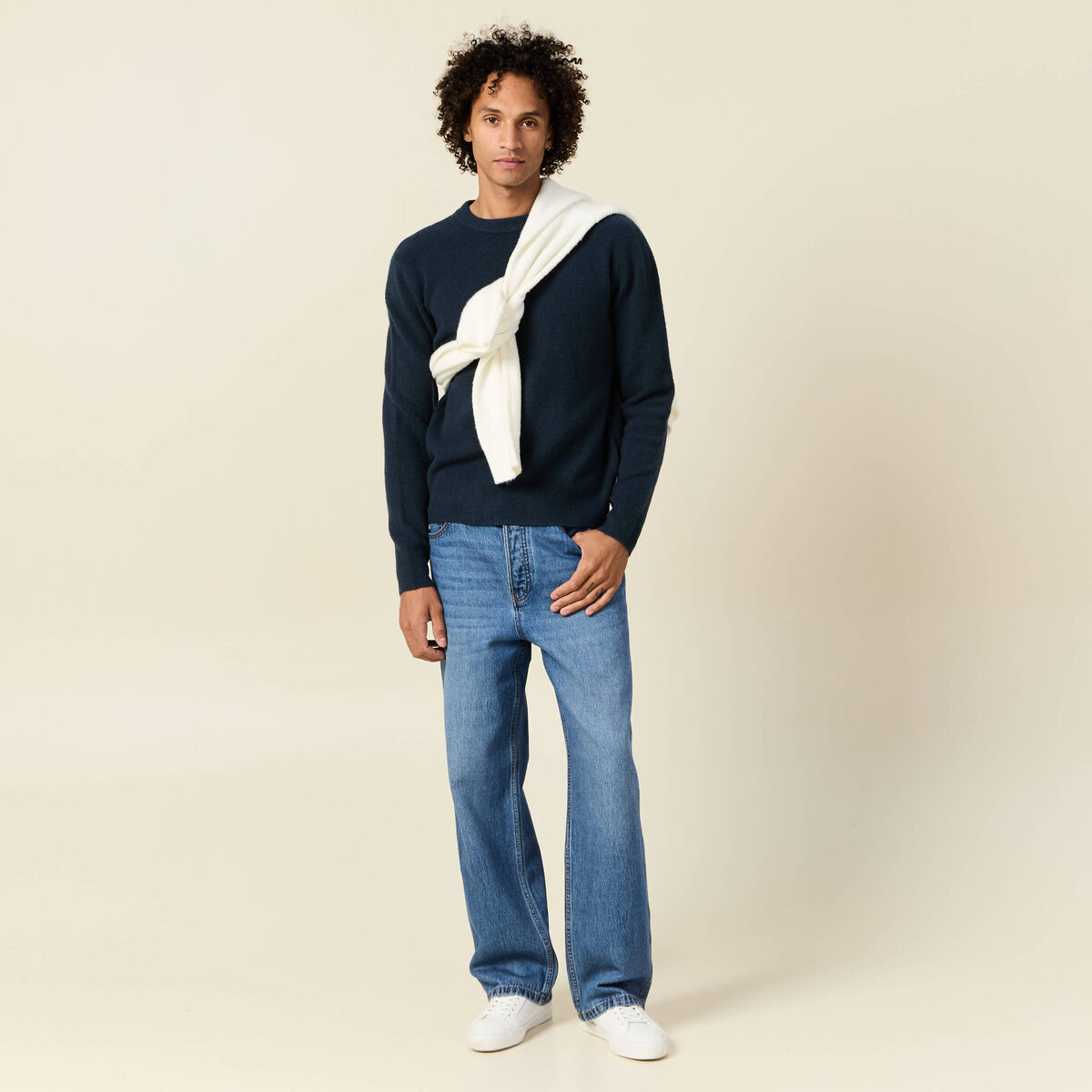 Pull manches longues col rond bleu marine homme