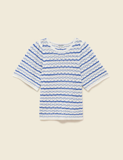 Pull col bateau manches courtes bleu femme