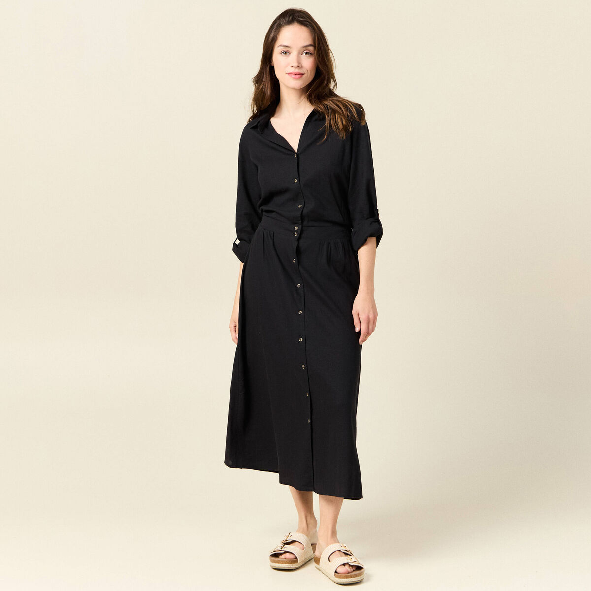Robe droite manches longues 3/4 noir femme