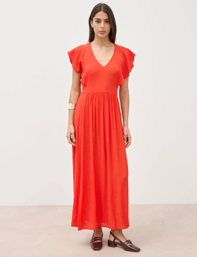 Robe col v manches courtes orange fonc&eacute; femme