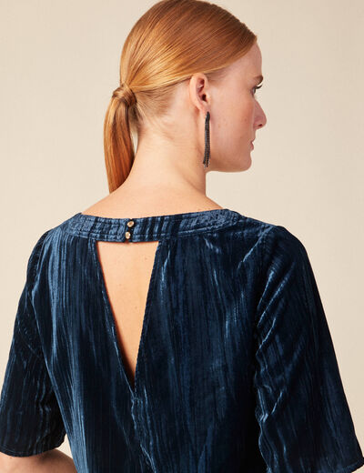 Blouse ajust&eacute;e manches courtes velours bleu canard femme