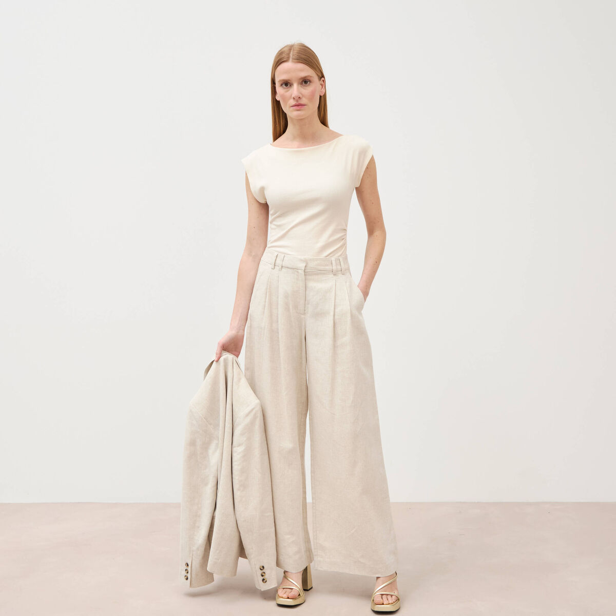 Pantalon large taille haute sable femme