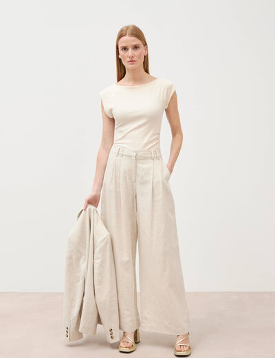 Pantalon large taille haute sable femme