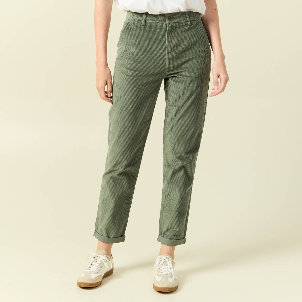 Pantalon large 7/8&egrave;me taille haute vert kaki femme
