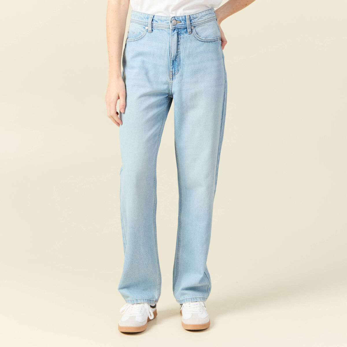 Jeans straight taille haute denim bleach femme