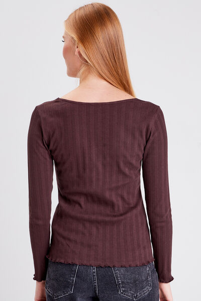T-shirt manches longues marron foncé femme
