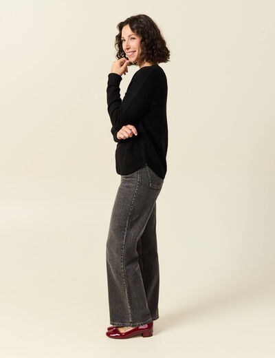 Pull manches longues col en V noir femme