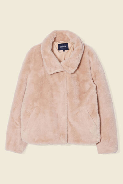 Manteau droit fausse fourrure beige femme