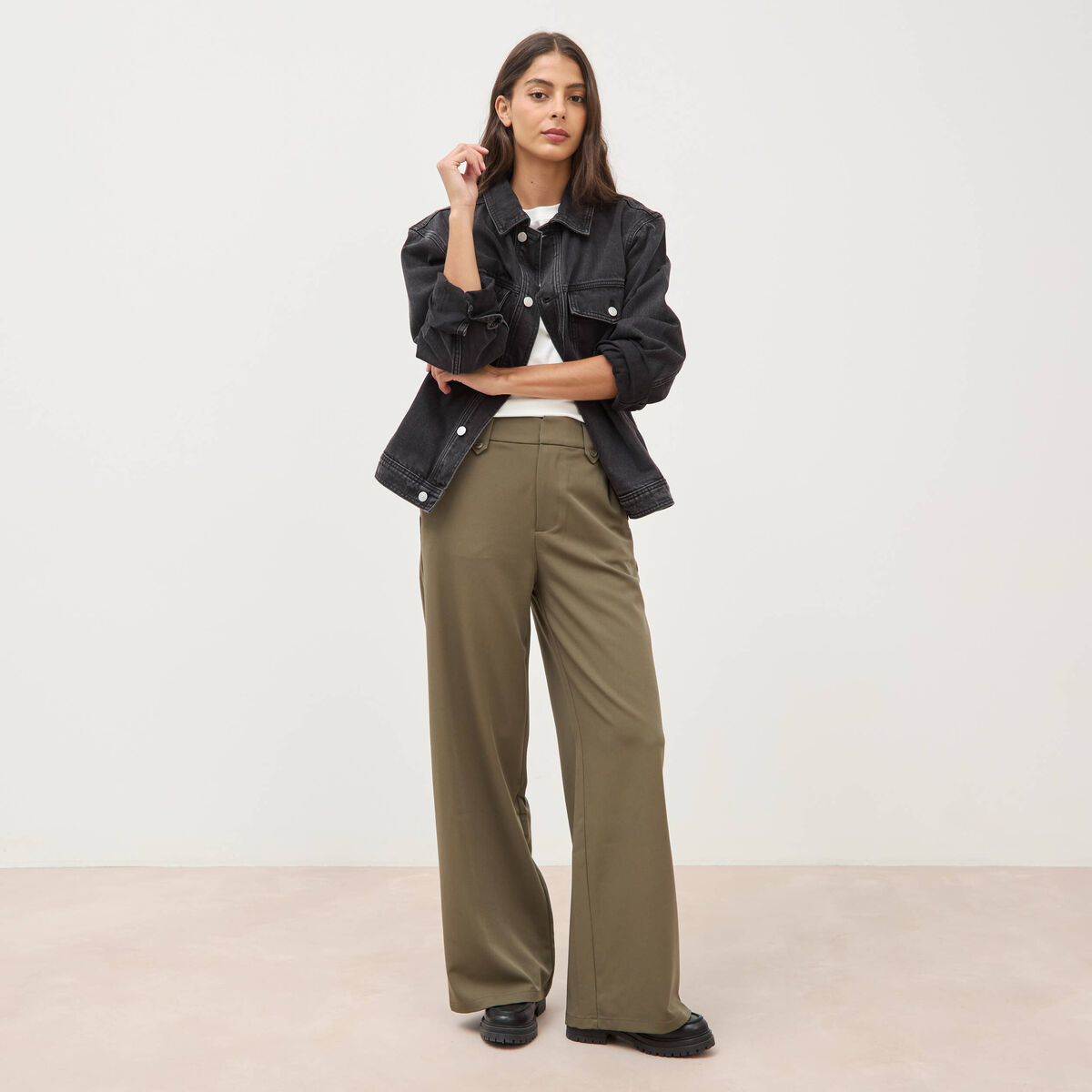 Pantalon large taille haute fluide camel femme