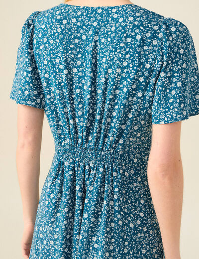 Robe longue droite col v manches courtes bleu femme