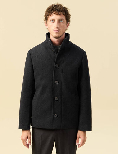 Manteau droit court col montant gris fonc&eacute; homme