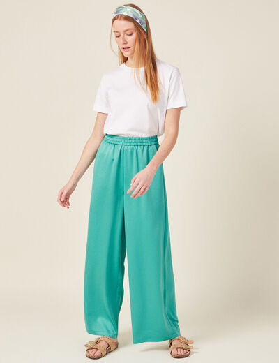 Pantalon large fluide satin bleu turquoise femme