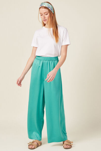 Pantalon large fluide satin bleu turquoise femme