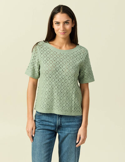 T-shirt ajour&eacute; col rond manches courtes vert kaki femme