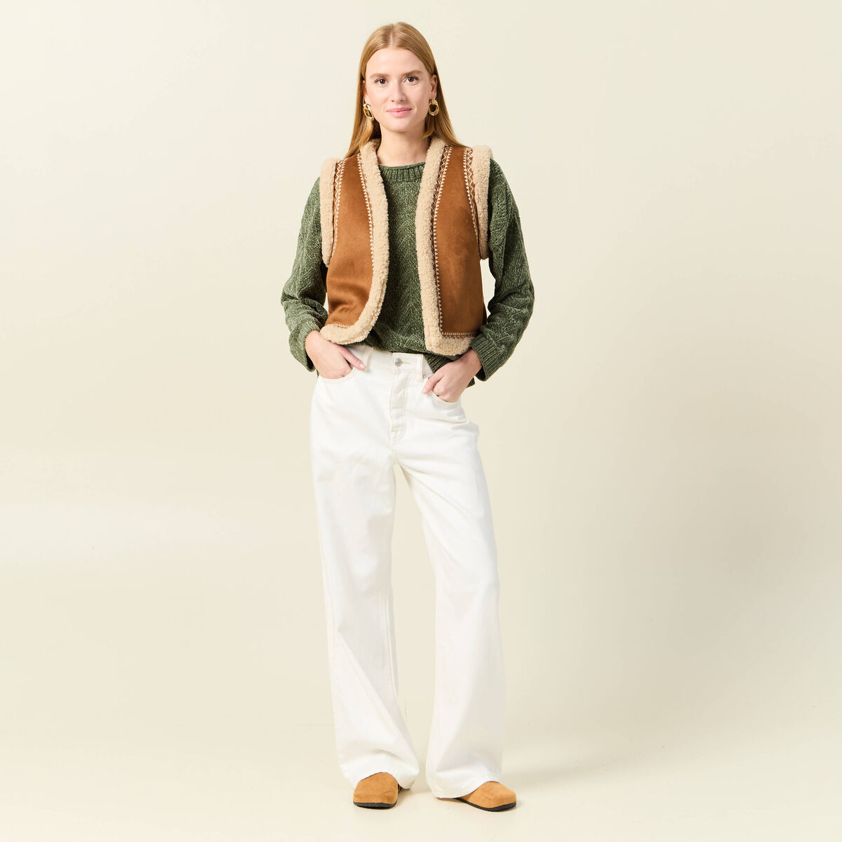 Pull manches longues ajouré vert kaki femme