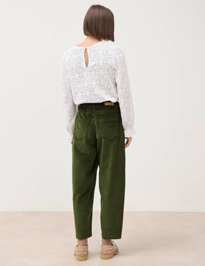 Pantalon taille haute velours resserr&eacute; vert fonc&eacute; femme