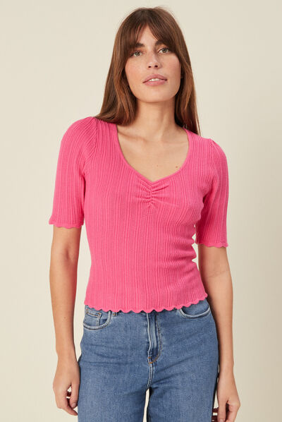Pull à manches courtes rose fushia femme