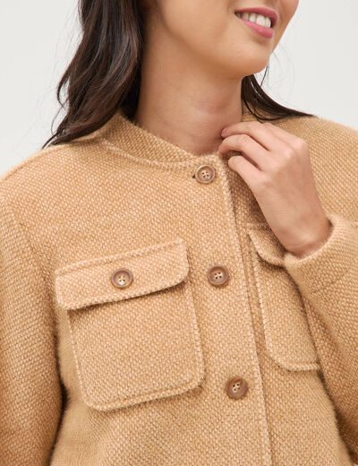 Gilet droit manches longues col mao camel femme