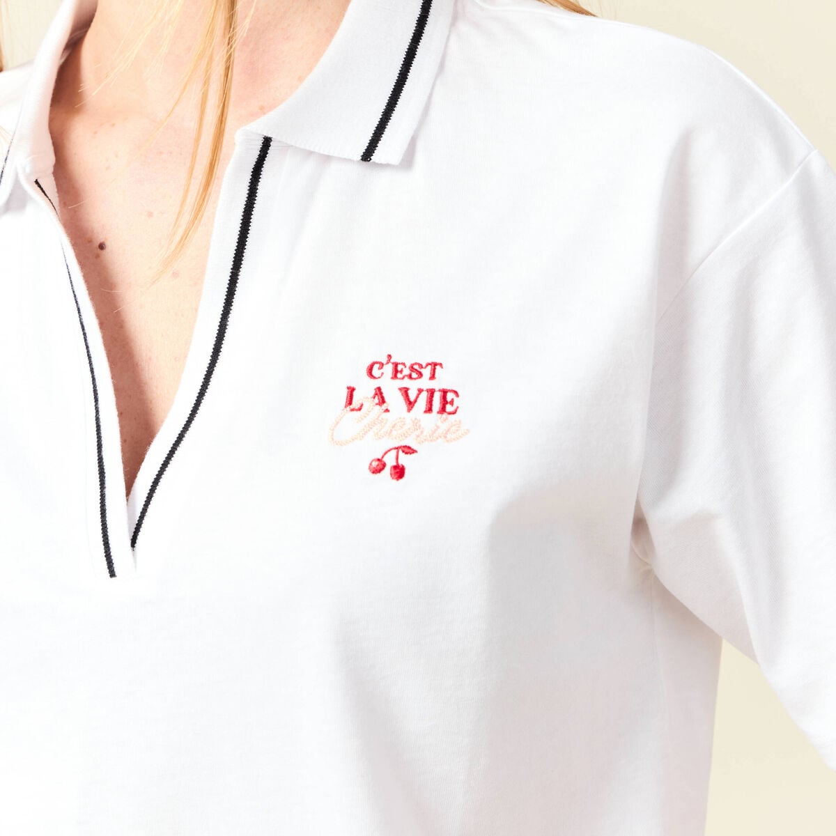 T-shirt polo droit court en coton blanc femme