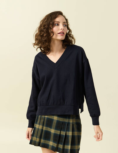 Sweat oversize col v manches longues bleu fonc&eacute; femme