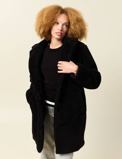 Manteau long laine mouton noir femme